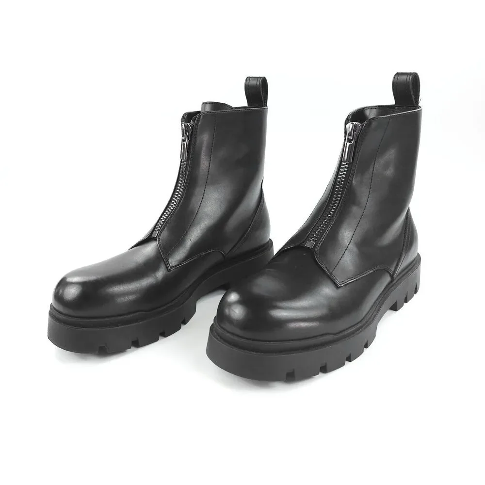 ZARA 100% Leather Lug Sole Zip Front Combat Boots Black Y2k Goth Grunge Indie